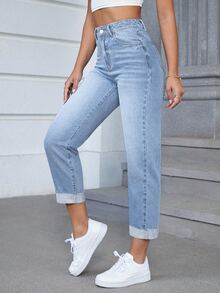 SHEIN PETITE Women's Outdoor Fashion Versatile Wide Leg Cuffed Hem Blue Denim Jeans - Light Wash - View 3