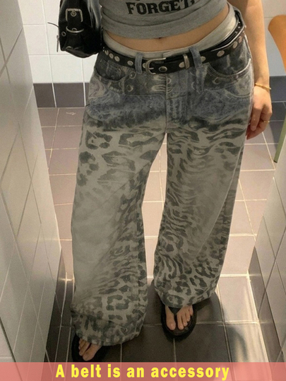 Dazy Plus Leopard Print Full Body Floral Pattern Sexy Casual Streetwear Long Denim Jeans Autumn New Style