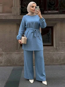 Dazy Plus Solid Color Casual Pullover Top With Tie Detail, Elegant & Versatile Commuter Long Pants, Spring/Autumn New 2-Piece Set - Blue - View 5