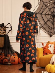 Provexi Provexi Autumn/Winter New Men's Halloween Pumpkin Head Print Flannel Hooded Robe, Loose Tie Waist With Pockets, Long Length Home Bathrobe - Multicolor - View 2