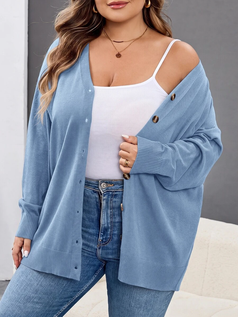 SHEIN CURVE+ 大尺碼女款純色休閒百搭日常開襟衫 - 淺藍色 - 查看 1