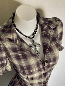 Attitoon 女款格紋休閒百搭短袖襯衫，適合日常穿著 - 紫色 - 查看 3