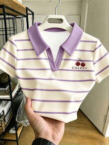 SHEIN 兒童青少年女孩奶油色與紫色配色，復古拼色條紋可愛櫻桃印花圖案，休閒隨性印花短袖上衣，夏季 - 白色 - 查看 1