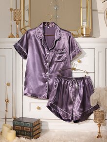LuxeNights 純色短袖上衣與短褲（仿絲綢）居家休閒服 2 件套 - 淺灰紫 - 查看 1