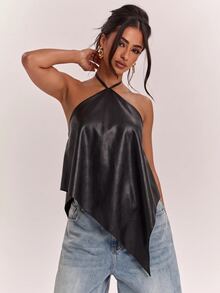 SHEIN BAE 女款休閒度假掛脖露背不對稱下擺黑色純色PU背心，適合海灘度假、海灘假期、姐妹休閒度假，優雅實用黑色PU背心 - 黑色 - 查看 3