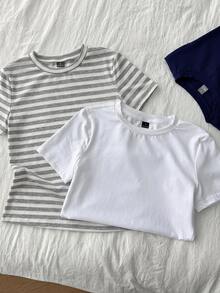 Tseoso 女款 3 件組 95% 棉圓領短袖修身 T-shirt – 黑色、白色與灰色條紋 - 彩色 - 查看 6