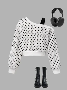 SHEIN 青少年女孩休閒秋冬黑色波點不對稱領長袖短版衛衣 - 白色 - 查看 2