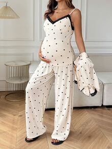 Dazy Maternity Contrast Color Polka Dot Lace Trim Slim Fit Camisole Straight Leg Pants Loose Cardigan Casual Daily Home Spring Autumn 3-Piece Set Maternity 2-Piece Set - Apricot - View 7
