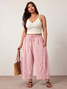Enliva Plus Size Loose Fit Drawstring Casual Cropped Pants Fall - Pink - View 7