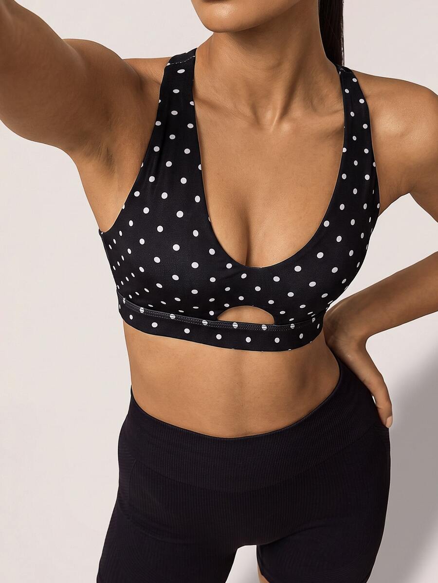 SHEIN BAE Women Black Polka Dot Cross Back Open Back T-Shirt Gym Workout Training Running Yoga Athletic Activewear