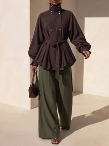 Zivah 2026 New Equestrian Club Casual Vacation Deep Brown Napoleon Nautical Style Trench Coat, Short Trench Jacket, Suitable For Multiple Occasions, Elegant Women's Autumn Outfit - Brown - View 10
