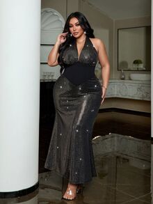 NU&NOW Plus Size Elegant Sequin Bead Patchwork Deep V-Neck Halter Neck Fitted Mermaid Dress, Formal, Evening, Wedding, Performance Black And Gold Summer - Multicolor - View 3
