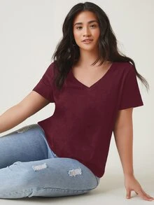 SHEIN BASICS 大尺碼女款純色V領休閒日常穿著T恤 - 酒紅色 - 查看 5