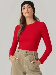 SHEIN BASICS 女款休閒百搭純色修身長袖T恤上衣 白色 - 紅色 - 查看 3