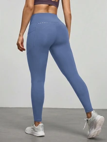 SHEIN With My Calm 女款高腰口袋休閒百搭日常穿著運動緊身褲 - 藍色 - 查看 2