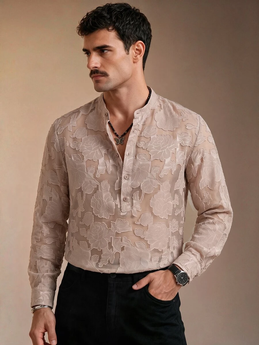 ZURIURI Men's Luxury Minimalist Floral Cut Button Half-Placket Shirt - Apricot - View 1