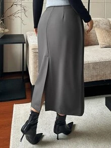 Dazy Plus Solid Color Fun Commuter Straight Slit Skirt - Dark Grey - View 2