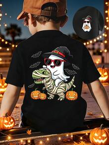 (1件) 萬聖節男孩休閒簡約卡通幽靈巫師帽南瓜燈蝙蝠恐龍太陽眼鏡圖案黑色短袖T恤 - 黑色 - 查看 1