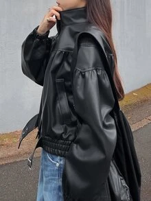 FRIFUL Jaket Kasual Wanita Lengan Panjang Kancing Tunggal Potongan Reguler Bahan Kulit PU Warna Polos untuk Musim Gugur - Hitam - View 7