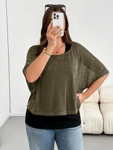 SHEIN Essnce 大尺碼蝙蝠袖T恤與背心2件組 - 軍綠色 - 查看 5