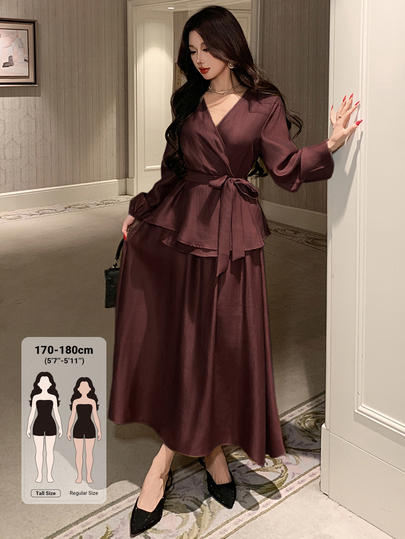 Dazy Tall Women's V-Neck Waist-Cinching Blouse And Long Skirt 2 Pieces Set Fall