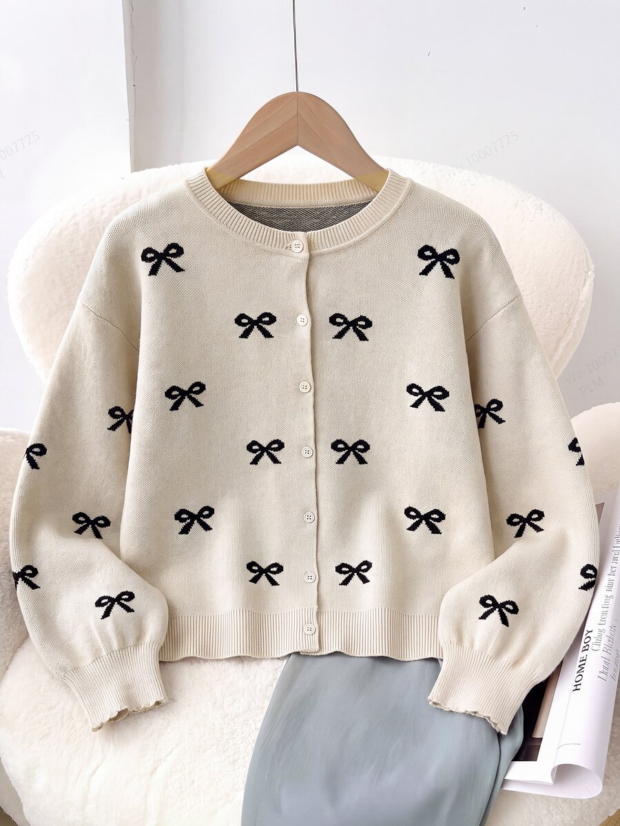SHEIN Tween Girls Cardigans Autumn/Winter Apricot Round Neck Bow Jacquard Long Sleeve Autumn Sweater Cardigan, Preppy Style Sweater Jacket, Back To School Outfit - Apricot - View 1