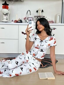 ZzzCrew Halloween Fun Pumpkin & Ghost Print, Exquisite Ruffle Short Sleeve + Slimming Flare Pants Loungewear Pajama Set - White - View 7