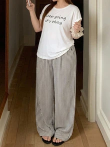 Dazy Plus 2pcs/Set English Graphic Short Sleeve T-Shirt & Striped Straight Leg Long Pajama Pants, Summer Wear Sleepwear Set - White - View 5