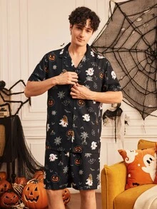 Provexi Provexi Men's Fun Halloween Pattern Print Lapel Collar Button-Down Short Sleeve Shorts Pajama Set - Multicolor - View 3