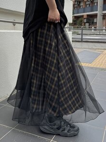 Dazy Tall Women's Plaid Mesh Patchwork Long Street Casual Skirt - Black - View 7