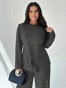 SHEIN Tall CURVE Conjunto de Blazer y Pantalones de Moda para Talla Grande de Estilo Ejecutivo - Gris Oscuro - Ver 8