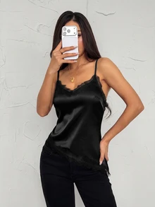 SHEIN PETITE Women's Solid Color Contrast Lace Asymmetric Hem Cami Top - Black - View 5