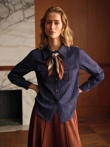 MOTF PREMIUM WOMEN'S FRONT BUTTON FLAP DETAIL SHIRT WITH SCARF - Blue - View 4