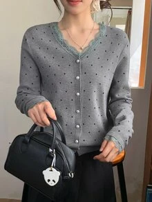 DAZY Women's V-Neck Lace Patchwork Polka Dot Casual Knit Cardigan Fall - Dark Grey - View 4