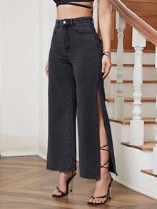 SHEIN PETITE Women's Outdoor Fashion Split Hem All Season Black Petite Jeans - Black - View 4
