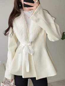 FRIFUL Women's Solid Color Fur Collar Long Sleeve Waist Tie Elegant Overcoat Fall - Beige - View 4