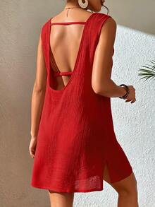 SHEIN Swim 女款素色露背休閒日常針織洋裝 - 紅色 - 查看 1