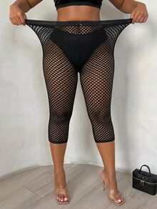 SHEIN SXY 大尺碼女款素色鏤空休閒百搭日常穿著緊身內搭褲 - 黑色 - 查看 6