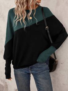 SHEIN LUNE 女款拼色休閒日常長袖運動衫 - 綠色 - 查看 5