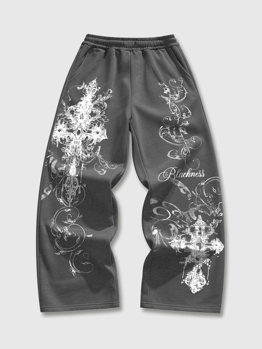 ROMWE MEN Street Life Teen Boy Letter Cross Print Elastic Waist Casual Sweatpants - Dark Grey - View 1