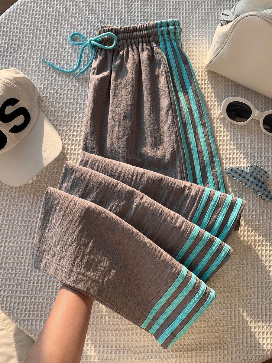 Comfortcana 女款棕色側條紋鬆緊腰休閒寬鬆運動長褲 秋季女裝 女款運動服 健身運動裝 國慶穿搭 - 灰色 - 查看 1