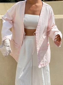 Livesso Tall Jaket Wanita Model Liburan Warna Pink dengan Kerah V dan Lengan Panjang Longgar untuk Musim Gugur - Berwarna merah muda - View 4