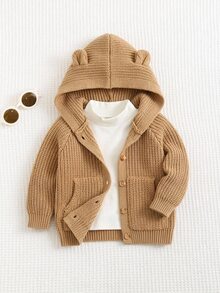 SHEIN 嬰兒男孩女孩通用 素色百搭舒適連帽長袖開襟針織外套 秋冬適用 - 卡其色 - 查看 6