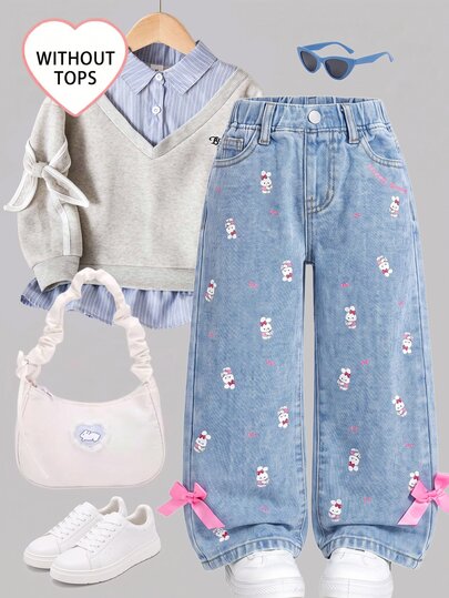 Toddler Girls Denim Long Pants Autumn, Soft, Cotton, Casual, Fashion, Versatile, Comfortable, Minimalist, Elastic Waistband, Classic Five-Pocket Rose Red Bow Decoration + Full-Print Cute Rabbit Design, Loose Straight-Leg Mid-Blue Washed Denim Long Pants Suitable For Daily Wear, Vacation, Back To School Season