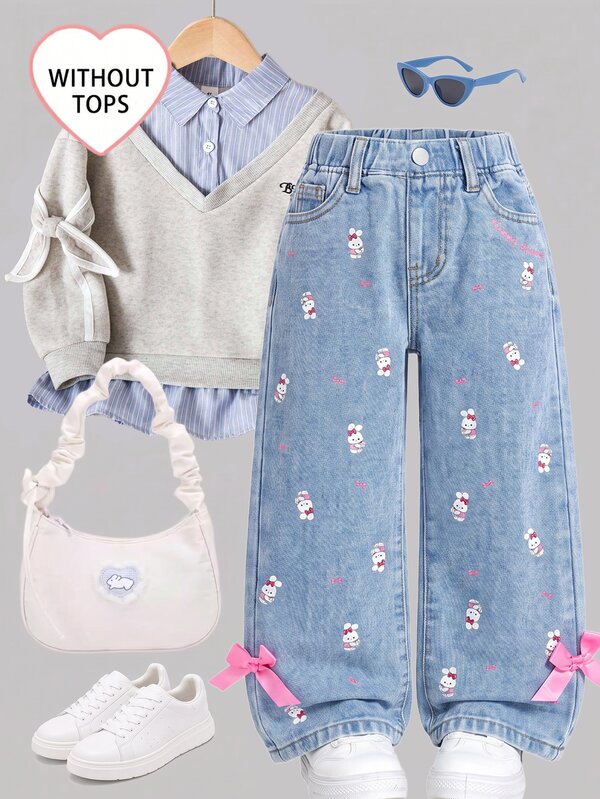 Toddler Girls Denim Long Pants Autumn, Soft, Cotton, Casual, Fashion, Versatile, Comfortable, Minimalist, Elastic Waistband, Classic Five-Pocket Rose Red Bow Decoration + Full-Print Cute Rabbit Design, Loose Straight-Leg Mid-Blue Washed Denim Long Pants Suitable For Daily Wear, Vacation, Back To School Season