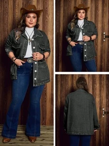 Breezaya Áo khoác denim nữ size lớn phong cách thường ngày, giặt mài, một hàng khuy - màu đen - Xem 1