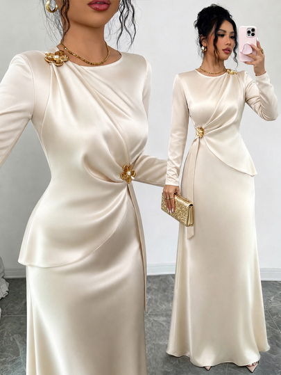 SHEIN Elenzya Elegant Satin Asymmetrical Shoulder Metal Floral Decor Waist-Cinching Design Fitted Long Sleeve Dress For Wedding Party Halloween