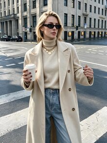 Struktiv Women's Autumn/Winter Fashion Long Solid Color H-Line Minimalist Double-Breasted Shoulder-Fit Wool Coat, Versatile For Date, Daily Commute, Party - Apricot - View 6