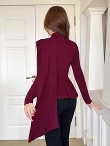 Feyla New Design Asymmetrical High Neck Slim Fit Fashion Ribbon Versatile Long Sleeve Top - Burgundy - View 5