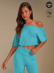 Athîral 女款純色不對稱領上衣與緊身褲休閒日常居家穿著套裝 - 藍色 - 查看 3